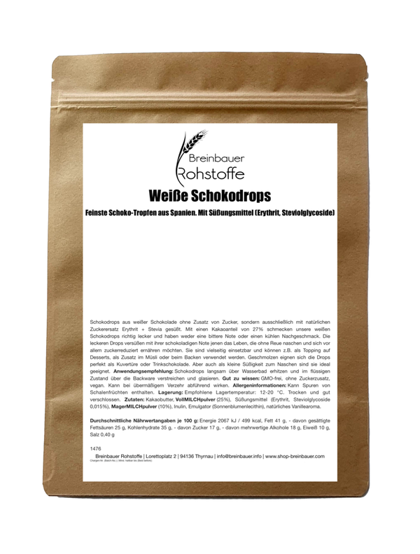 Weiße Schokodrops | Schokolade mit Süßungsmittel (Erythrit, Steviolglycoside)